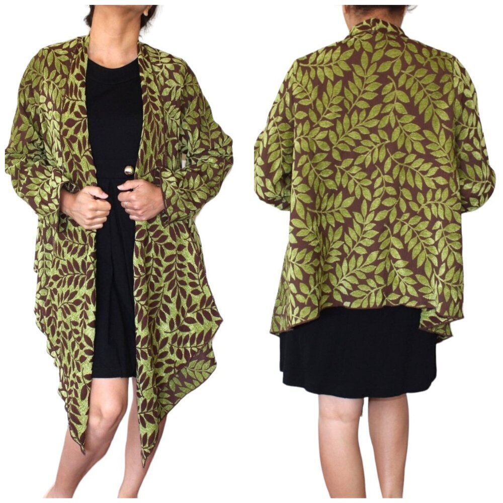 Vintage women's Cardigan Velvet Pony Green Leaf Print Size M Kimono Y2K Preppy